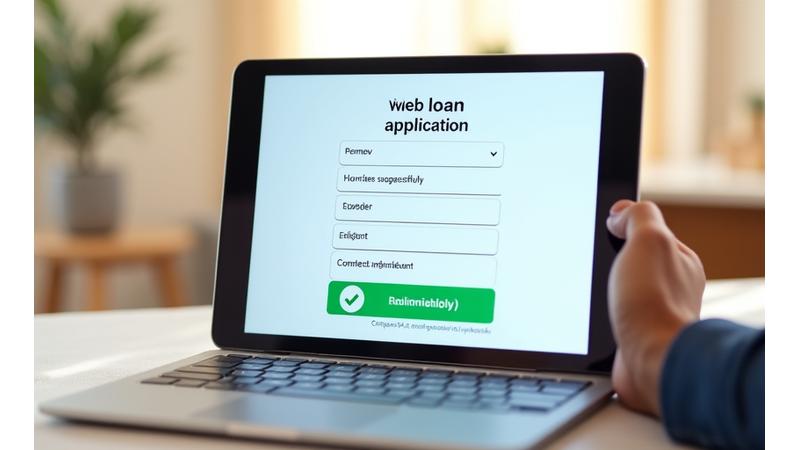 Užpildyta online paraiškos forma planšetiniame kompiuteryje su žalia varnelė, simbolizuojančia greitą patvirtinimą