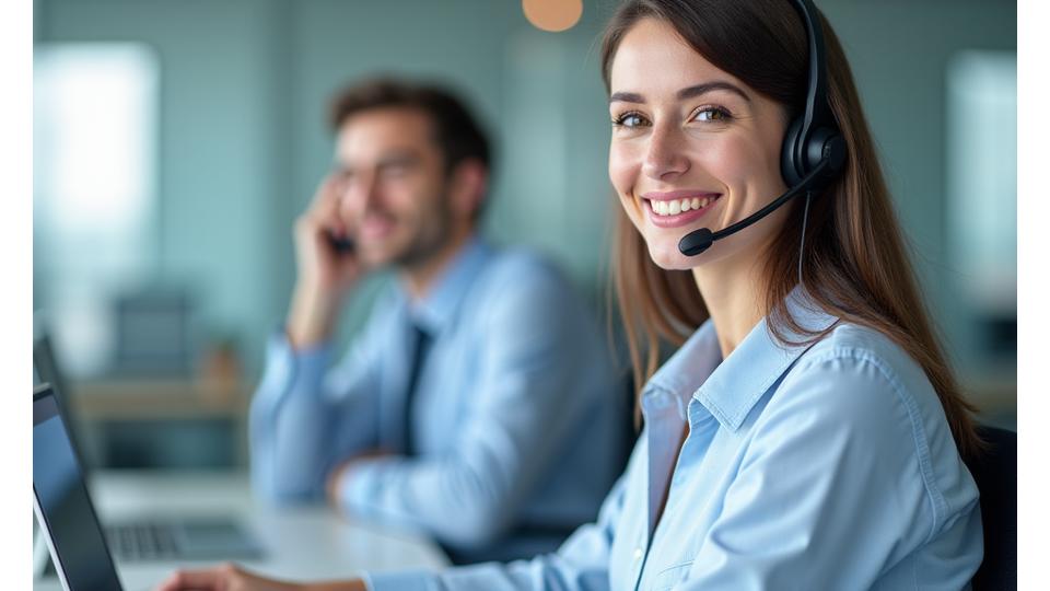Profesionalus klientų aptarnavimo atstovas kalba telefonu ir šypsosi